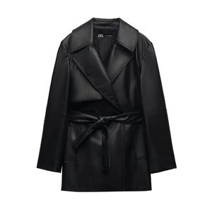 Faux Leather Short Trench Coat